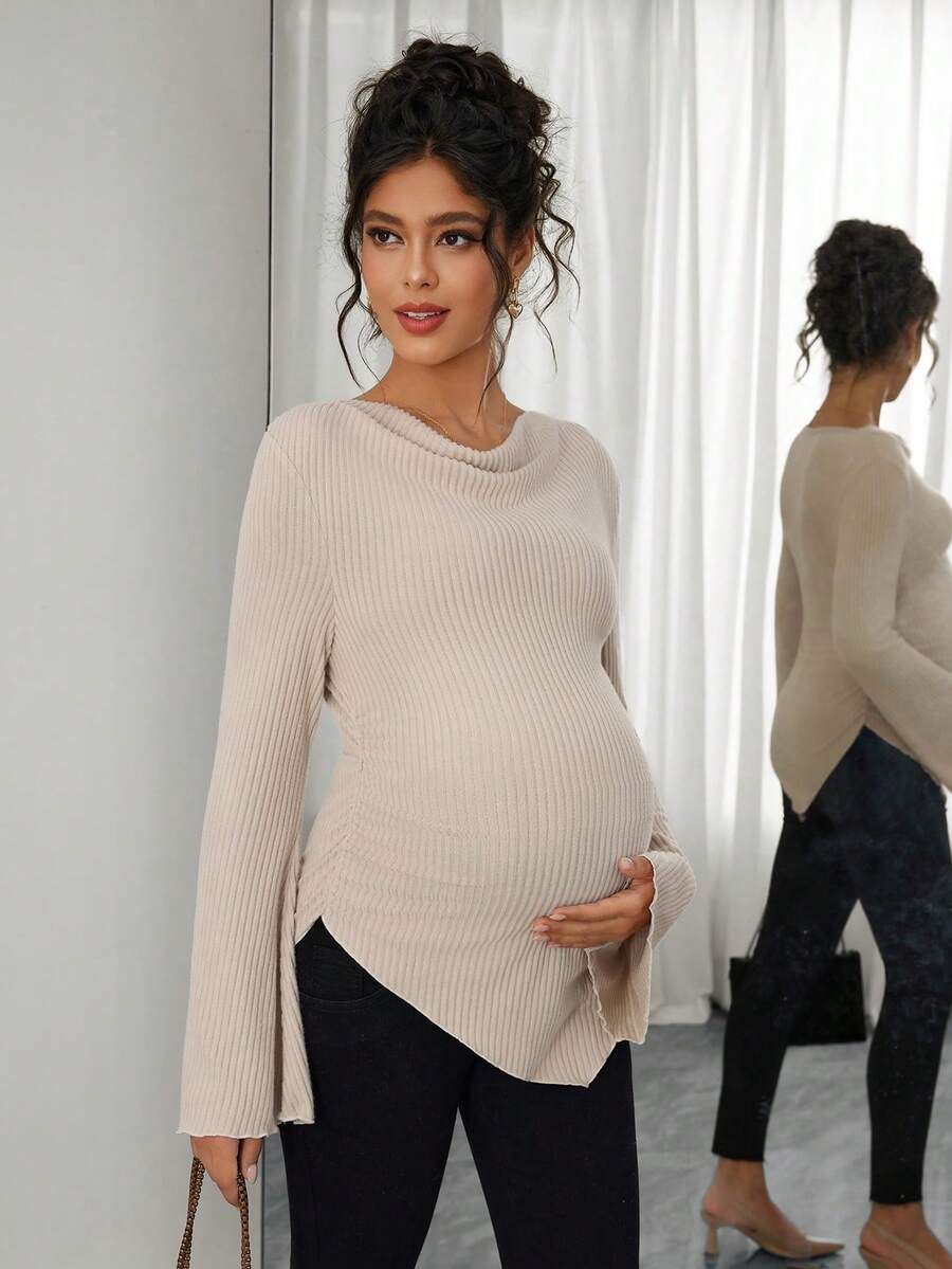 Asymmetrical Neckline Long Sleeve Maternity T-Shirt - Lettuce Hem Ruffle Autumn Winter Top
