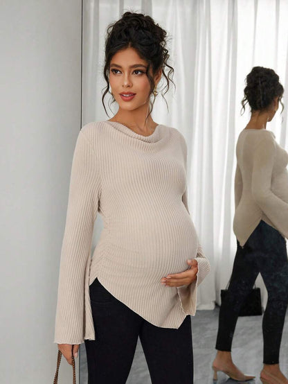 Asymmetrical Neckline Long Sleeve Maternity T-Shirt - Lettuce Hem Ruffle Autumn Winter Top