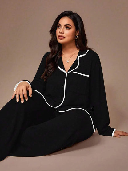 Lazeform Plus Size Burgundy Knit Pajama Set - Floral Mesh Contrast Button Front Lounge Set - Soft 2 Piece Maternity Sleepwear with Pockets