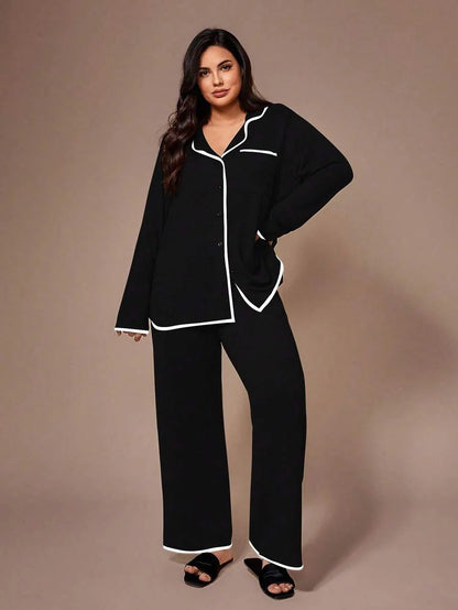 Lazeform Plus Size Burgundy Knit Pajama Set - Floral Mesh Contrast Button Front Lounge Set - Soft 2 Piece Maternity Sleepwear with Pockets