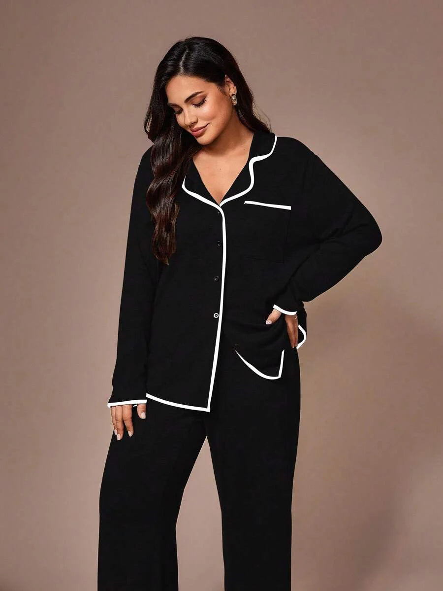 Lazeform Plus Size Burgundy Knit Pajama Set - Floral Mesh Contrast Button Front Lounge Set - Soft 2 Piece Maternity Sleepwear with Pockets