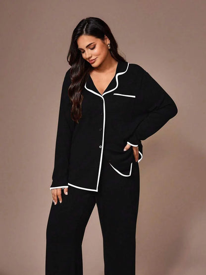 Lazeform Plus Size Burgundy Knit Pajama Set - Floral Mesh Contrast Button Front Lounge Set - Soft 2 Piece Maternity Sleepwear with Pockets