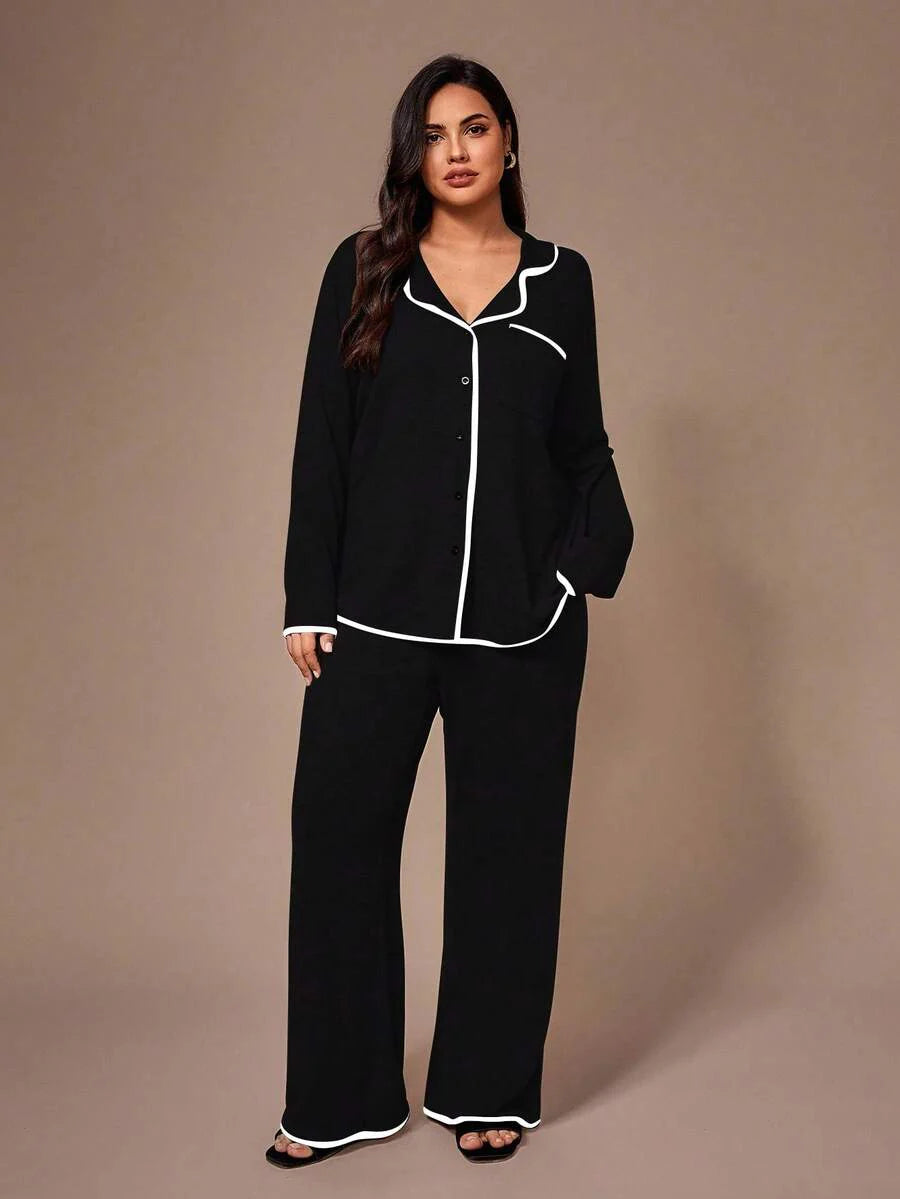 Lazeform Plus Size Burgundy Knit Pajama Set - Floral Mesh Contrast Button Front Lounge Set - Soft 2 Piece Maternity Sleepwear with Pockets