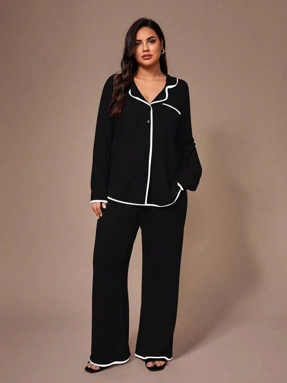 Lazeform Plus Size Burgundy Knit Pajama Set - Floral Mesh Contrast Button Front Lounge Set - Soft 2 Piece Maternity Sleepwear with Pockets