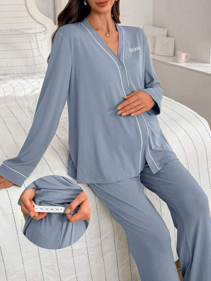 Burgundy Contrast Trim V-Neck Robe and Letter Embroidery Pants Maternity Lounge Set - 2 Piece Cozy Fall and Winter Sleepwear Set