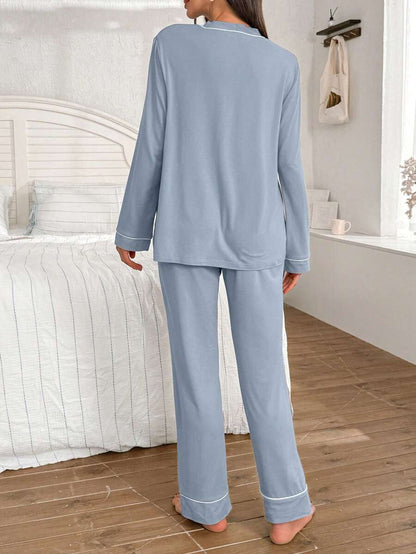 Burgundy Contrast Trim V-Neck Robe and Letter Embroidery Pants Maternity Lounge Set - 2 Piece Cozy Fall and Winter Sleepwear Set