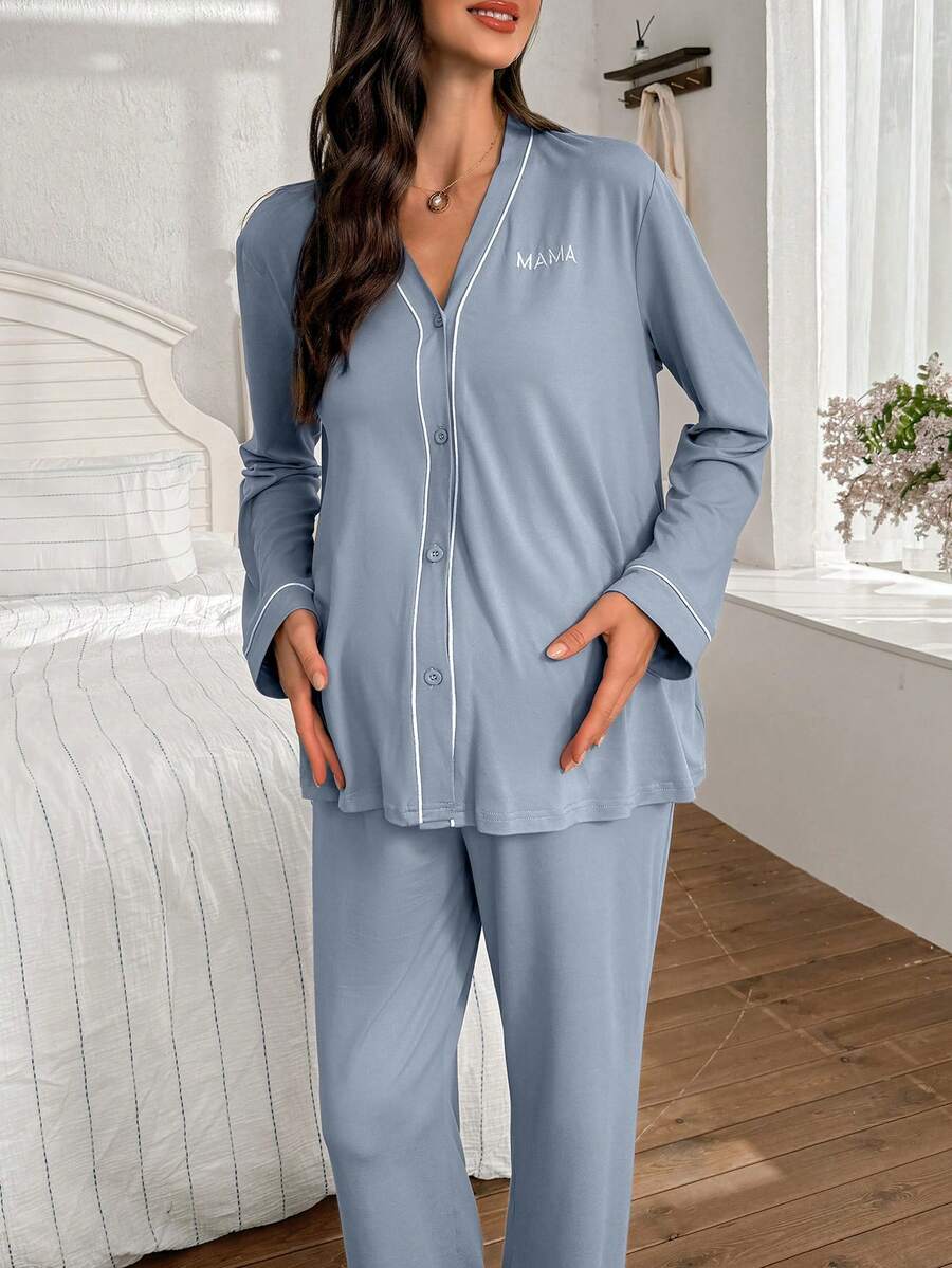 Burgundy Contrast Trim V-Neck Robe and Letter Embroidery Pants Maternity Lounge Set - 2 Piece Cozy Fall and Winter Sleepwear Set