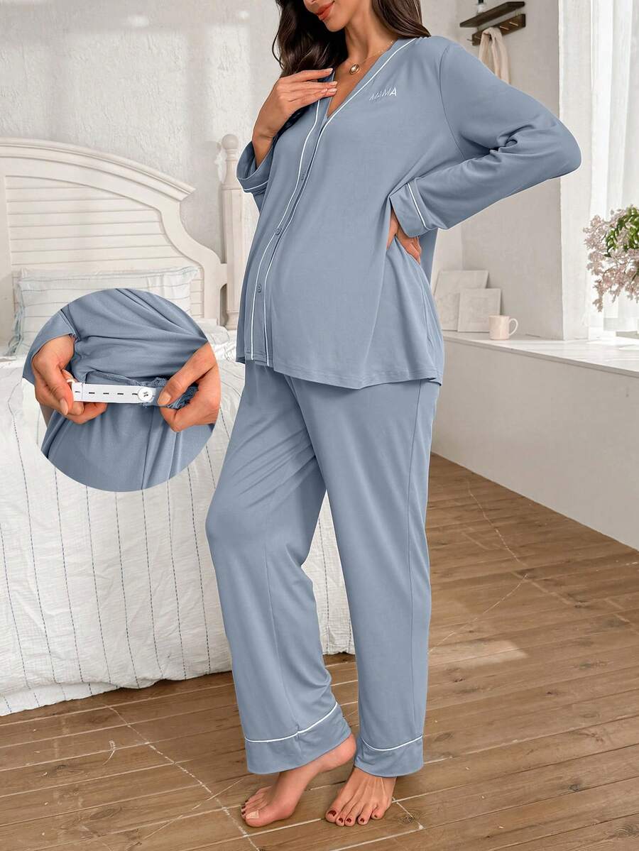 Burgundy Contrast Trim V-Neck Robe and Letter Embroidery Pants Maternity Lounge Set - 2 Piece Cozy Fall and Winter Sleepwear Set