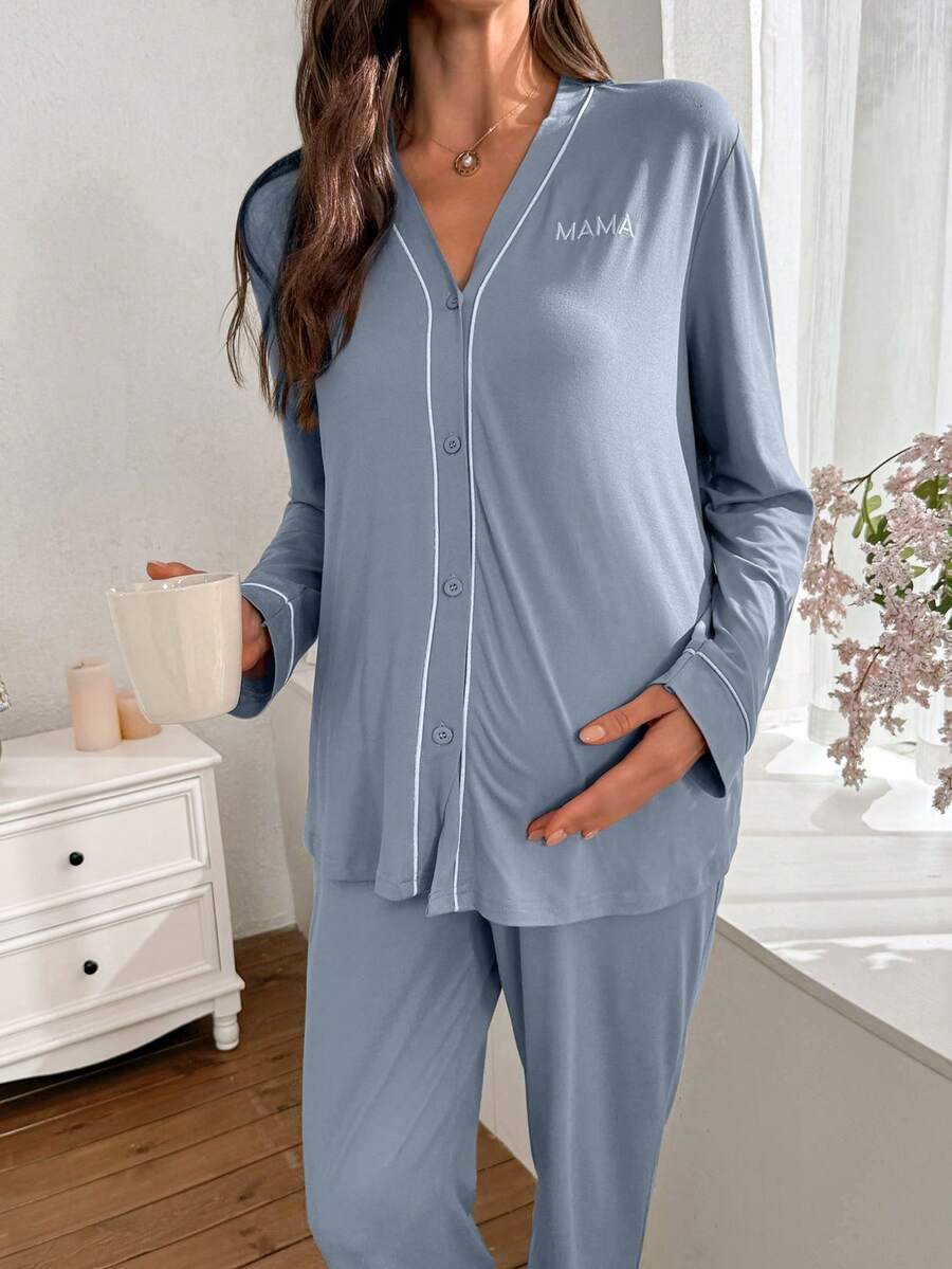 Burgundy Contrast Trim V-Neck Robe and Letter Embroidery Pants Maternity Lounge Set - 2 Piece Cozy Fall and Winter Sleepwear Set