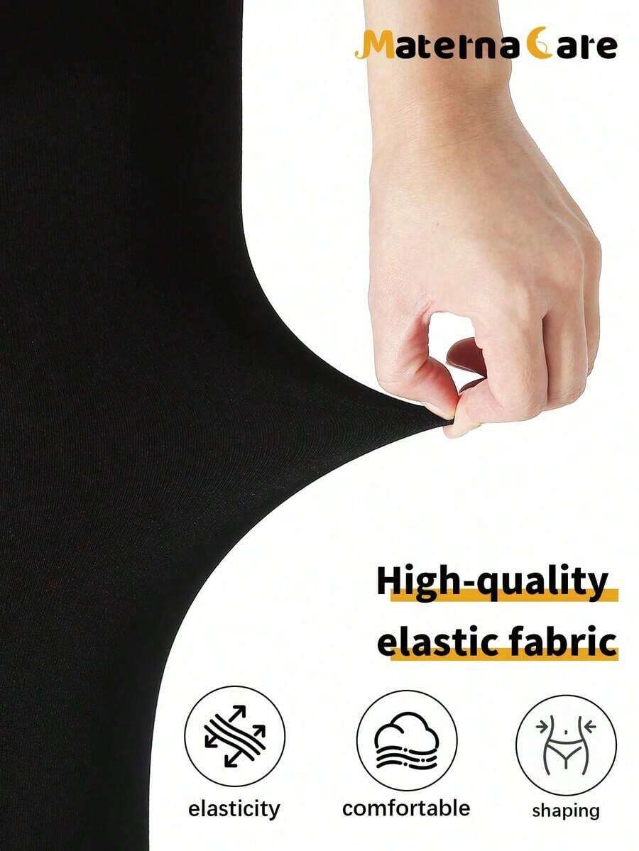 Maternity Thermal Lined Tights - Black Solid Warm Stretch Pregnancy Leggings, Autumn Winter