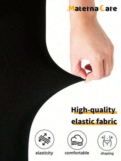 Maternity Thermal Lined Tights - Black Solid Warm Stretch Pregnancy Leggings, Autumn Winter