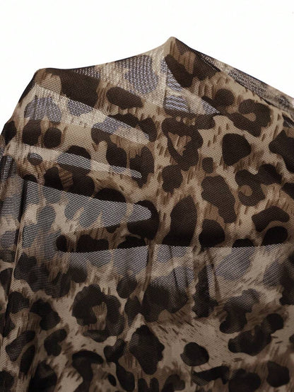 Elegant Maternity Leopard Print Oblique Shoulder Fitted Long Sleeve T-Shirt, Autumn