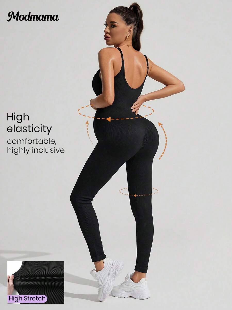 Yellow Rib-Knit Asymmetrical Neck Maternity Jumpsuit - High Stretch Sleeveless Skinny Fit Capri One Piece - Casual Sporty Maternity Wear