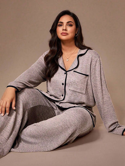 Lazeform Plus Size Burgundy Knit Pajama Set - Floral Mesh Contrast Button Front Lounge Set - Soft 2 Piece Maternity Sleepwear with Pockets