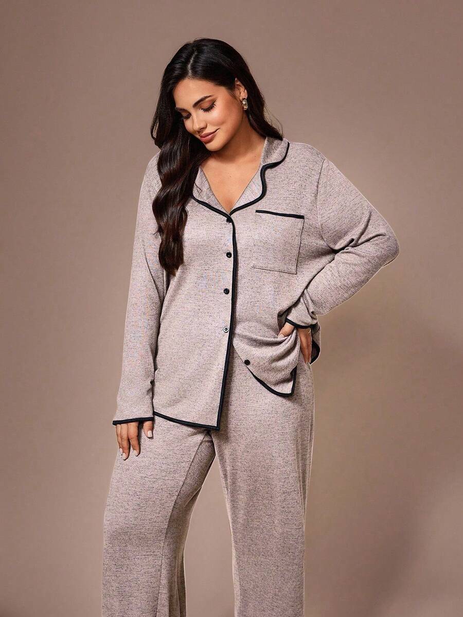 Lazeform Plus Size Burgundy Knit Pajama Set - Floral Mesh Contrast Button Front Lounge Set - Soft 2 Piece Maternity Sleepwear with Pockets