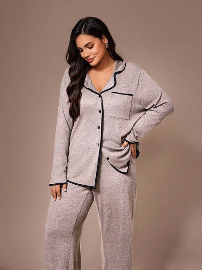 Lazeform Plus Size Burgundy Knit Pajama Set - Floral Mesh Contrast Button Front Lounge Set - Soft 2 Piece Maternity Sleepwear with Pockets