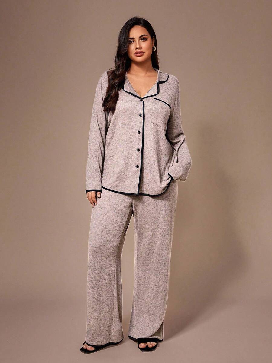 Lazeform Plus Size Burgundy Knit Pajama Set - Floral Mesh Contrast Button Front Lounge Set - Soft 2 Piece Maternity Sleepwear with Pockets