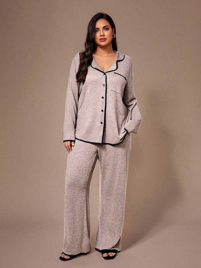 Lazeform Plus Size Burgundy Knit Pajama Set - Floral Mesh Contrast Button Front Lounge Set - Soft 2 Piece Maternity Sleepwear with Pockets