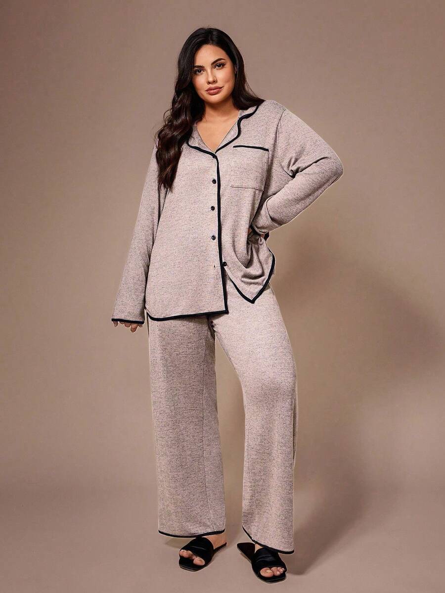 Lazeform Plus Size Burgundy Knit Pajama Set - Floral Mesh Contrast Button Front Lounge Set - Soft 2 Piece Maternity Sleepwear with Pockets