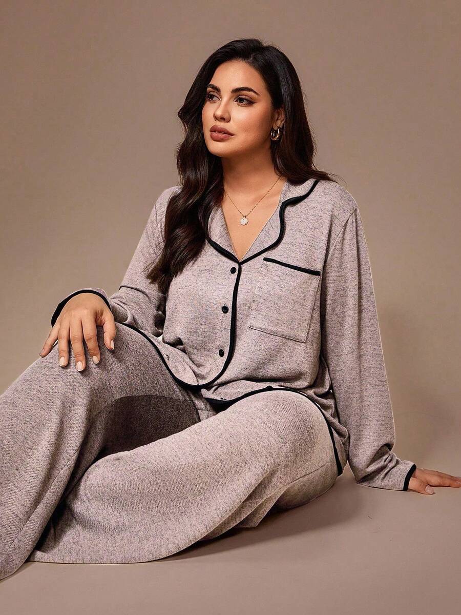 Lazeform Plus Size Burgundy Knit Pajama Set - Floral Mesh Contrast Button Front Lounge Set - Soft 2 Piece Maternity Sleepwear with Pockets