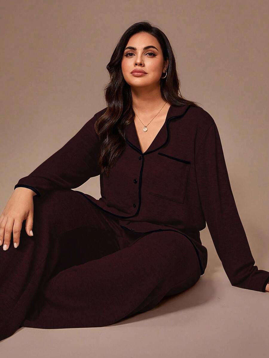 Lazeform Plus Size Burgundy Knit Pajama Set - Floral Mesh Contrast Button Front Lounge Set - Soft 2 Piece Maternity Sleepwear with Pockets
