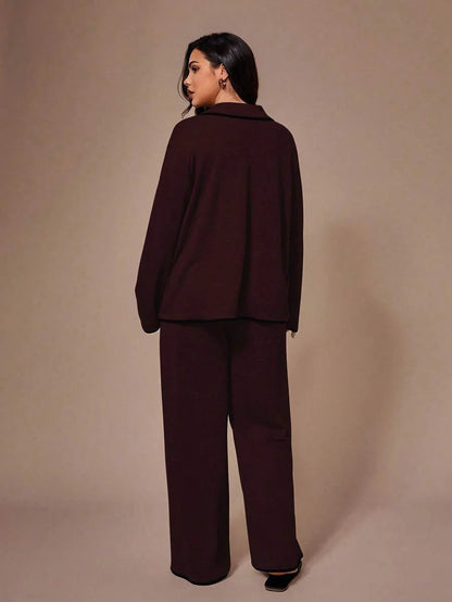 Lazeform Plus Size Burgundy Knit Pajama Set - Floral Mesh Contrast Button Front Lounge Set - Soft 2 Piece Maternity Sleepwear with Pockets