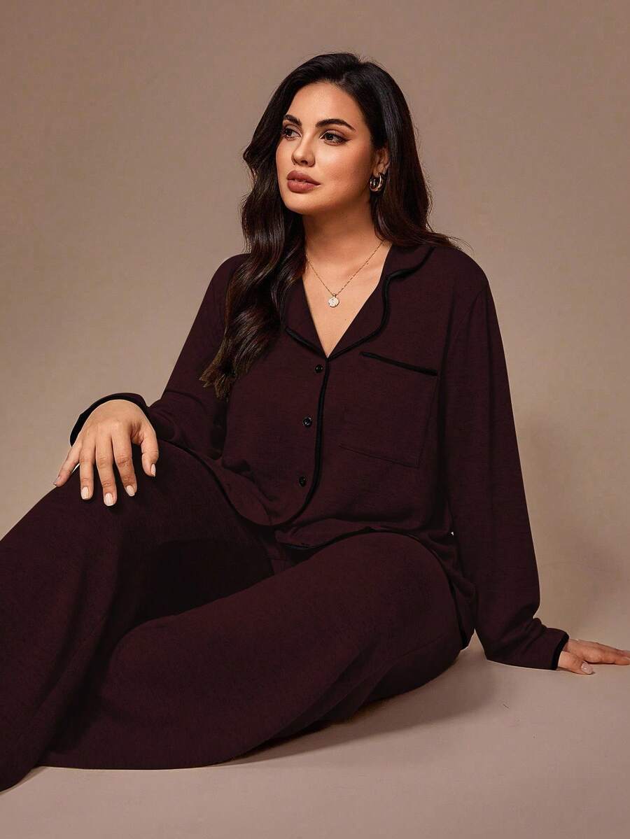Lazeform Plus Size Burgundy Knit Pajama Set - Floral Mesh Contrast Button Front Lounge Set - Soft 2 Piece Maternity Sleepwear with Pockets