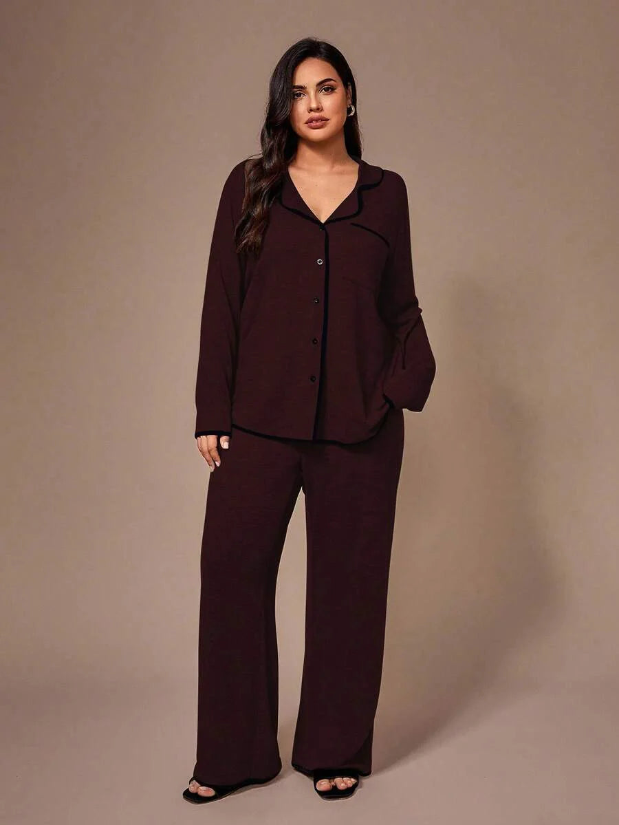 Lazeform Plus Size Burgundy Knit Pajama Set - Floral Mesh Contrast Button Front Lounge Set - Soft 2 Piece Maternity Sleepwear with Pockets