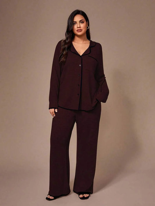 Lazeform Plus Size Burgundy Knit Pajama Set - Floral Mesh Contrast Button Front Lounge Set - Soft 2 Piece Maternity Sleepwear with Pockets