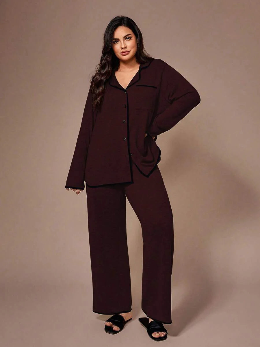 Lazeform Plus Size Burgundy Knit Pajama Set - Floral Mesh Contrast Button Front Lounge Set - Soft 2 Piece Maternity Sleepwear with Pockets