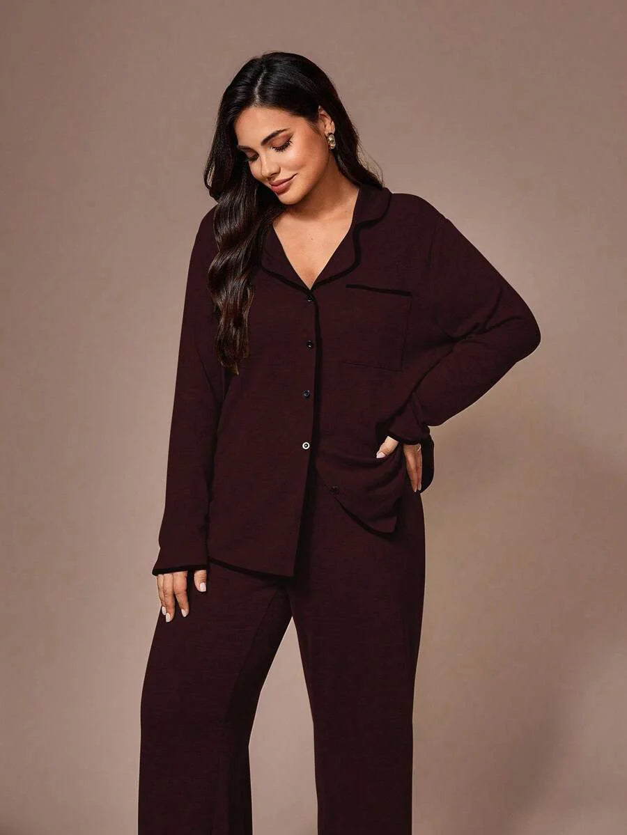 Lazeform Plus Size Burgundy Knit Pajama Set - Floral Mesh Contrast Button Front Lounge Set - Soft 2 Piece Maternity Sleepwear with Pockets