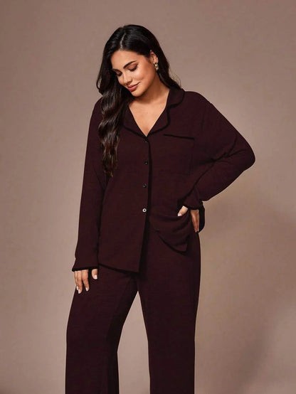 Lazeform Plus Size Burgundy Knit Pajama Set - Floral Mesh Contrast Button Front Lounge Set - Soft 2 Piece Maternity Sleepwear with Pockets