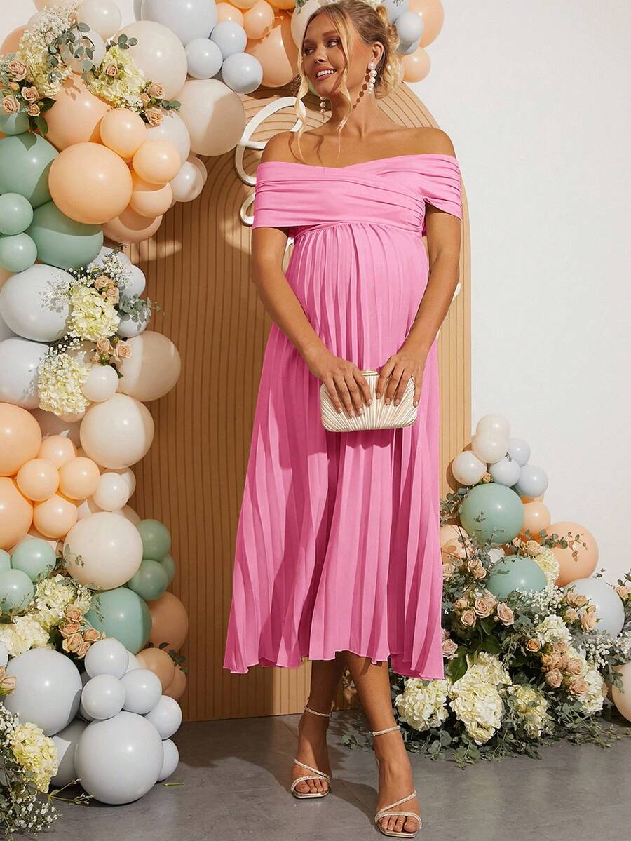 Maternity Off Shoulder Pleated Short Sleeve Dress Solid Color Slim Fit Elegant Pregnancy Gown for Baby Shower Gender Reveal Party Summer