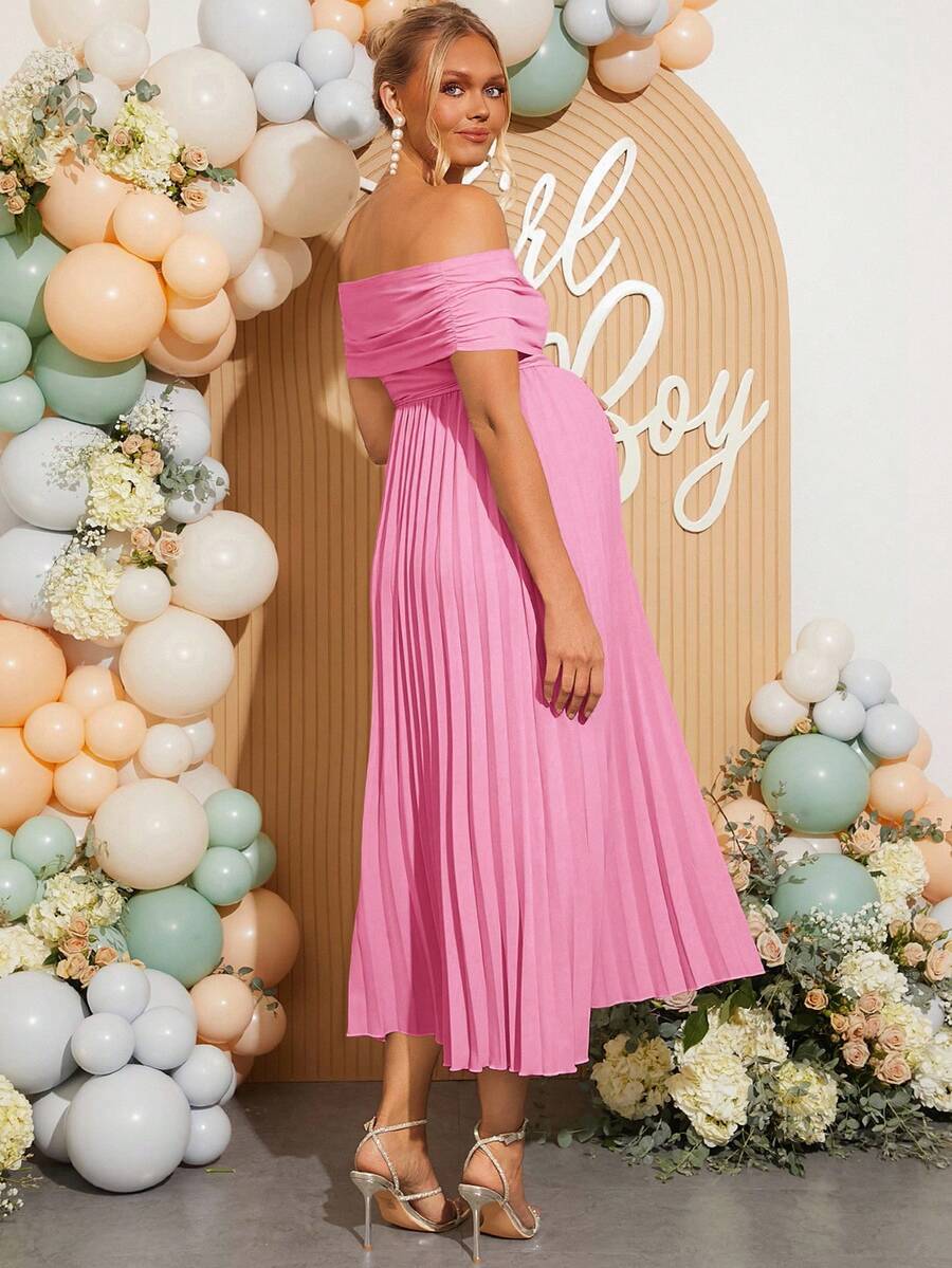Maternity Off Shoulder Pleated Short Sleeve Dress Solid Color Slim Fit Elegant Pregnancy Gown for Baby Shower Gender Reveal Party Summer
