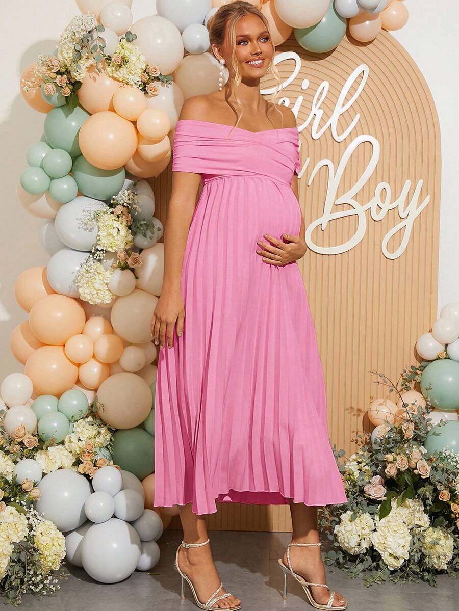 Maternity Off Shoulder Pleated Short Sleeve Dress Solid Color Slim Fit Elegant Pregnancy Gown for Baby Shower Gender Reveal Party Summer