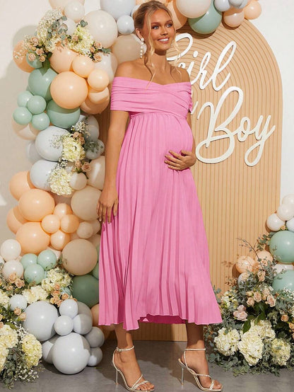 Maternity Off Shoulder Pleated Short Sleeve Dress Solid Color Slim Fit Elegant Pregnancy Gown for Baby Shower Gender Reveal Party Summer