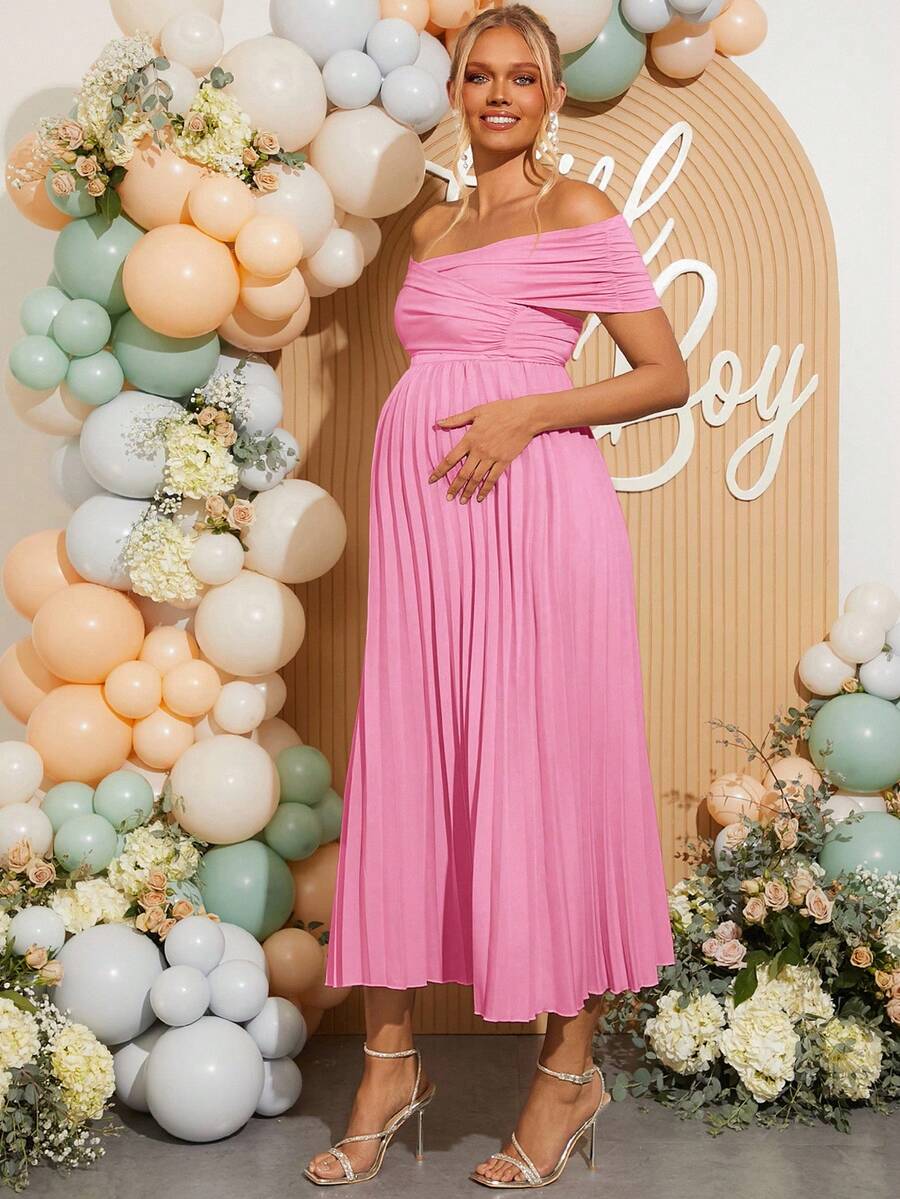Maternity Off Shoulder Pleated Short Sleeve Dress Solid Color Slim Fit Elegant Pregnancy Gown for Baby Shower Gender Reveal Party Summer