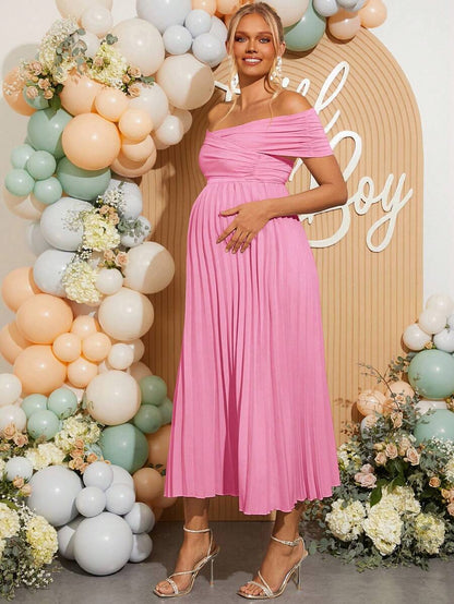 Maternity Off Shoulder Pleated Short Sleeve Dress Solid Color Slim Fit Elegant Pregnancy Gown for Baby Shower Gender Reveal Party Summer