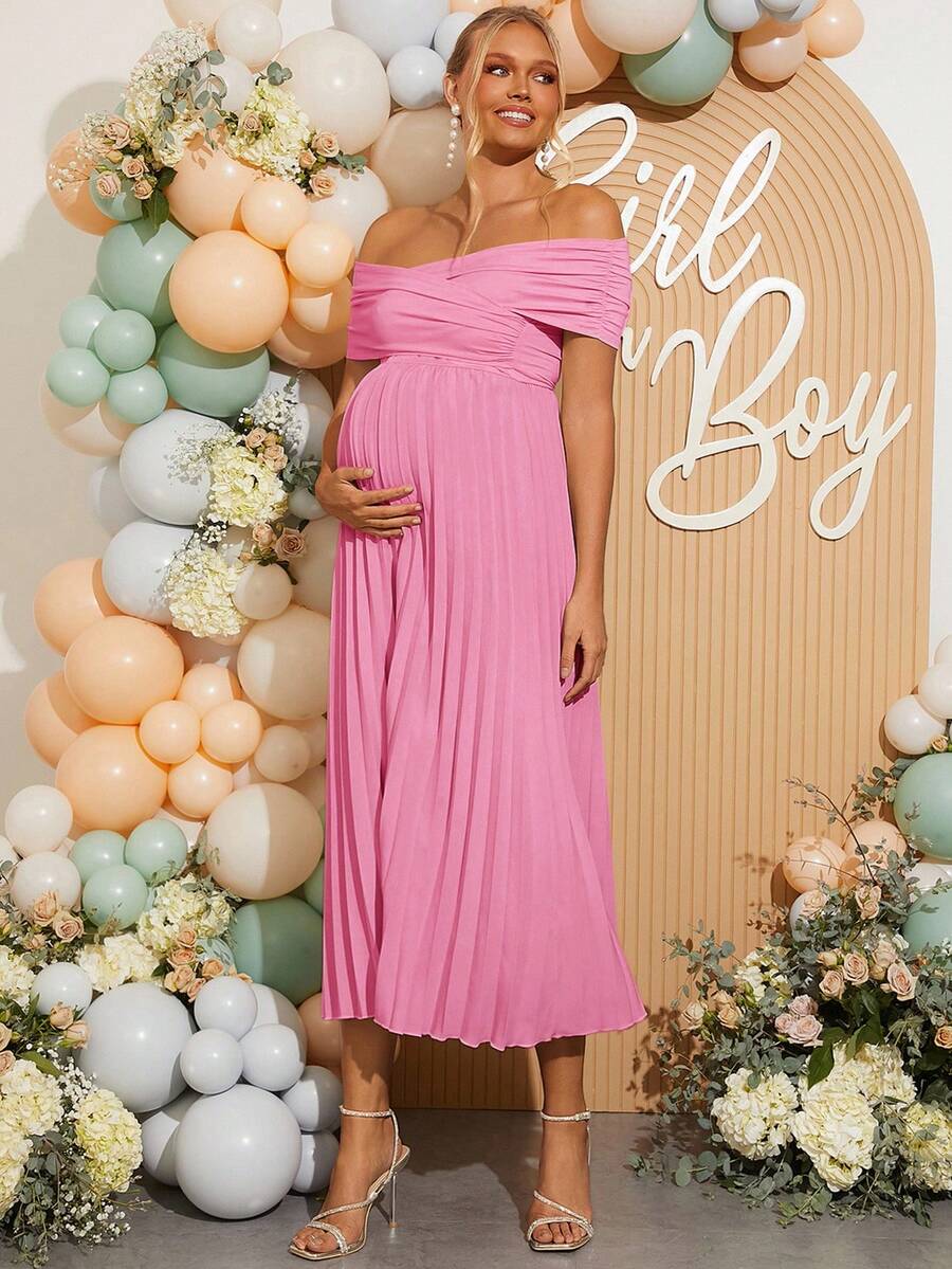 Maternity Off Shoulder Pleated Short Sleeve Dress Solid Color Slim Fit Elegant Pregnancy Gown for Baby Shower Gender Reveal Party Summer