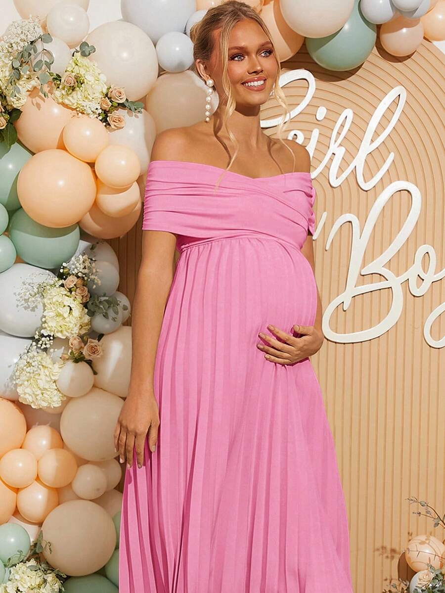 Maternity Off Shoulder Pleated Short Sleeve Dress Solid Color Slim Fit Elegant Pregnancy Gown for Baby Shower Gender Reveal Party Summer