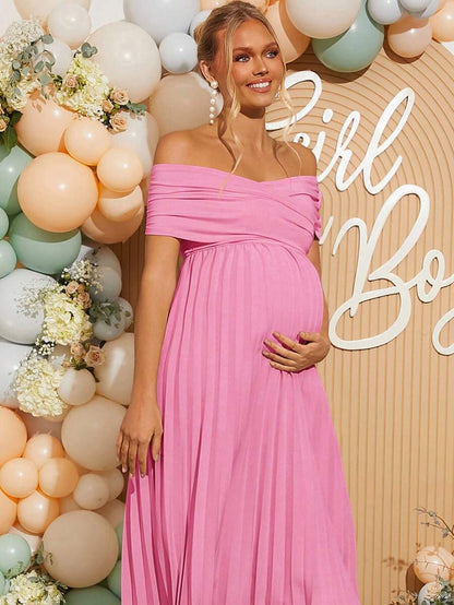 Maternity Off Shoulder Pleated Short Sleeve Dress Solid Color Slim Fit Elegant Pregnancy Gown for Baby Shower Gender Reveal Party Summer