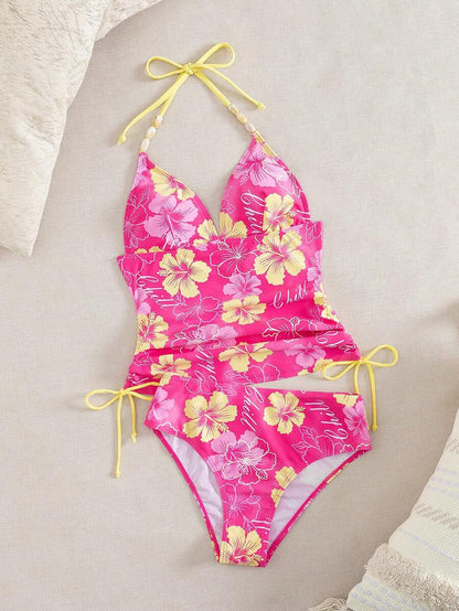 Swim Vcay Ladies Beach Music Festival Spring/Summer Flower Pattern Beaded Drawstring Ruched Neck Hanging Elegant Ladies Tankini Swimwear Two Pieces Set