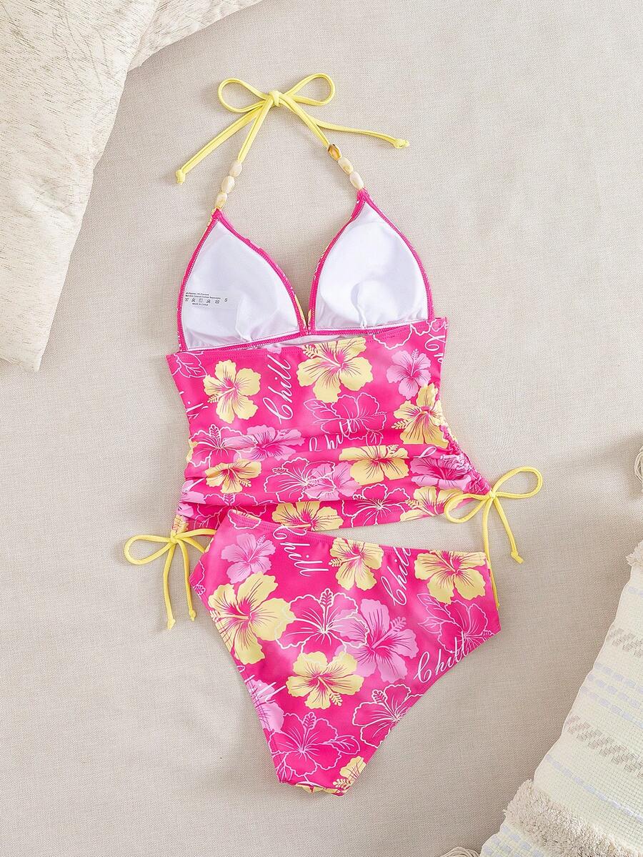 Swim Vcay Ladies Beach Music Festival Spring/Summer Flower Pattern Beaded Drawstring Ruched Neck Hanging Elegant Ladies Tankini Swimwear Two Pieces Set