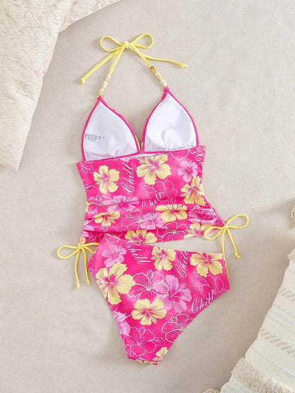Swim Vcay Ladies Beach Music Festival Spring/Summer Flower Pattern Beaded Drawstring Ruched Neck Hanging Elegant Ladies Tankini Swimwear Two Pieces Set