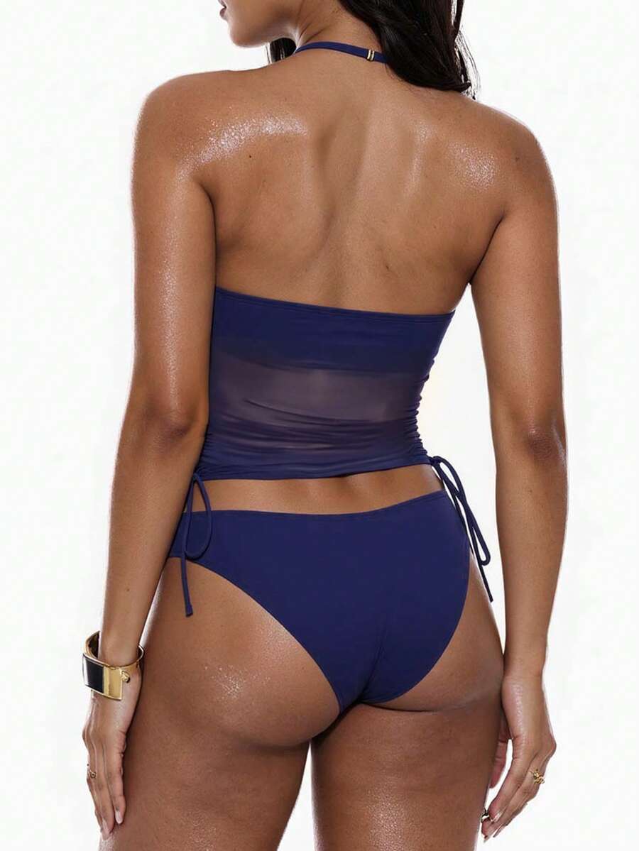 Women's 2-Piece Tankini Set - Detachable Strap Bandeau, Contrast Mesh, Navy Blue