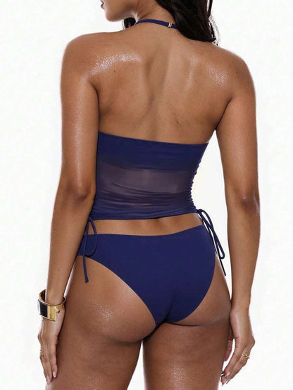 Women's 2-Piece Tankini Set - Detachable Strap Bandeau, Contrast Mesh, Navy Blue