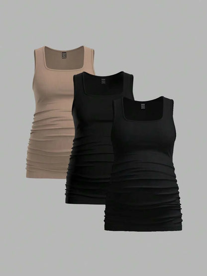 Maternity Ruched Tank Top 3-Pack - Square Neck, Slim Fit, Multicolor