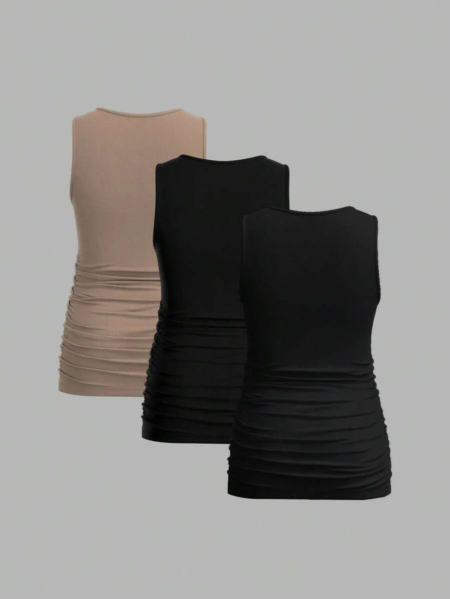 Maternity Ruched Tank Top 3-Pack - Square Neck, Slim Fit, Multicolor