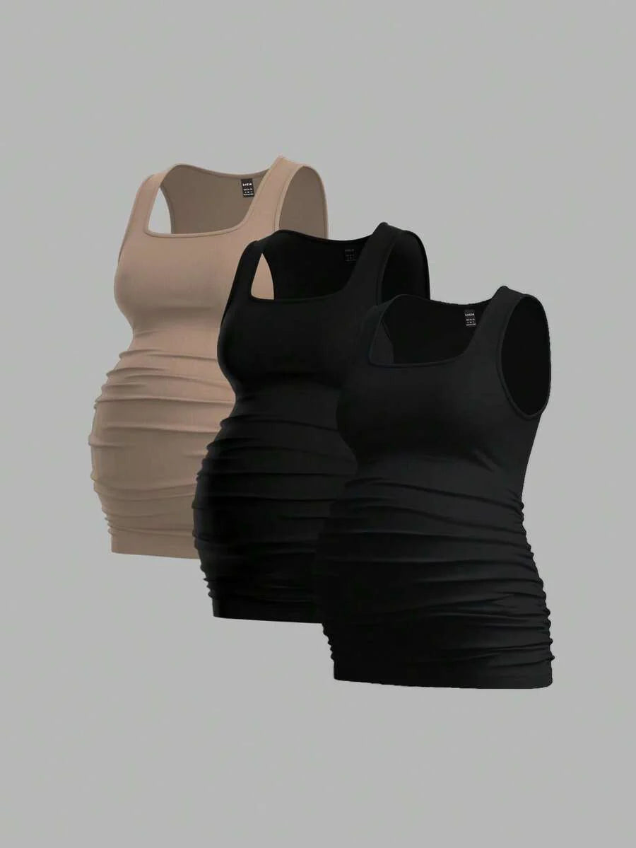 Maternity Ruched Tank Top 3-Pack - Square Neck, Slim Fit, Multicolor