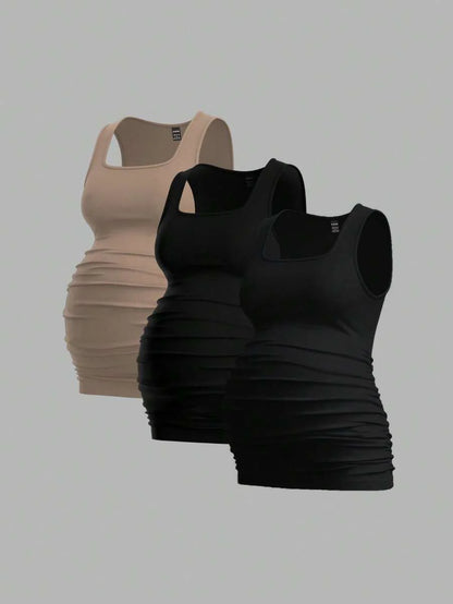 Maternity Ruched Tank Top 3-Pack - Square Neck, Slim Fit, Multicolor